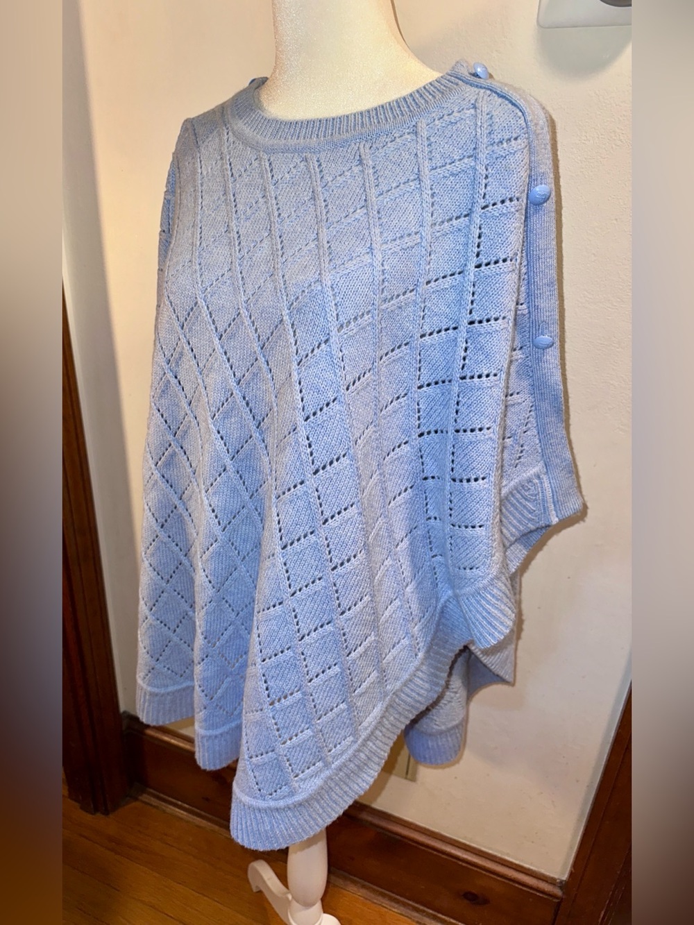 Talbots Light Blue Knit Poncho with Button-Shoulder